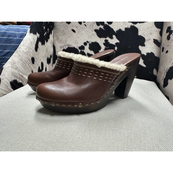 Nine West Sherpa Mules‎ Clogs Wooden Sole in Brown Leather ~8.5M - Picture 2 of 6